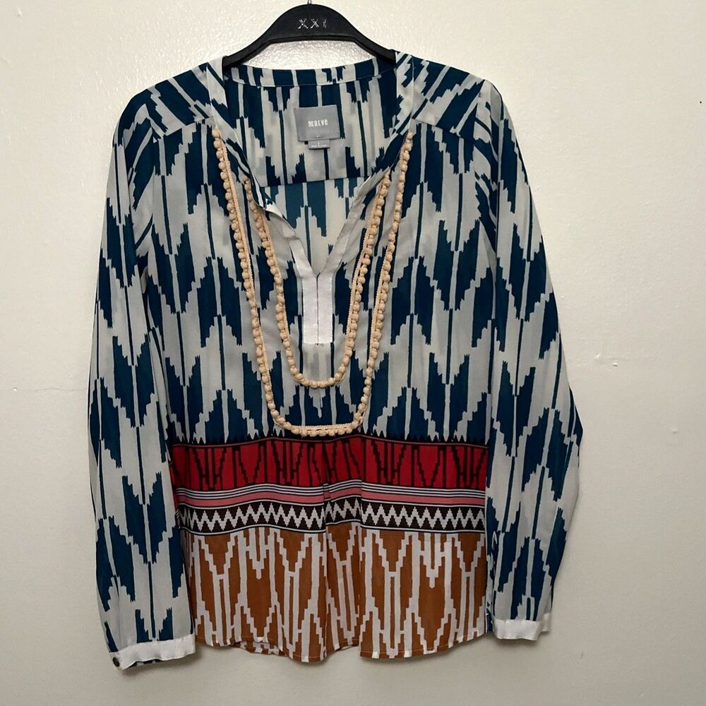 ANTHROPOLOGIE Maeve Ikat Aztec Geo Textured Boho Chic Blouse- S (2)